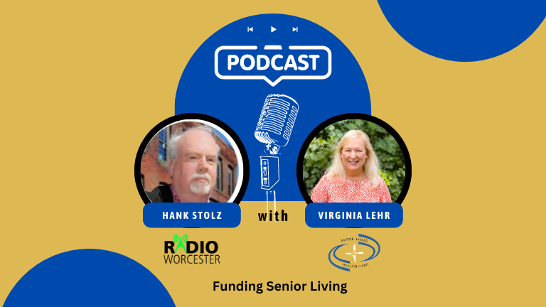 A podcast with two people and the words Funding Senior Living.