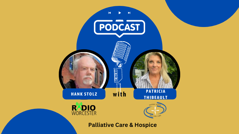 A podcast with two people and the words palliative care and hospice.